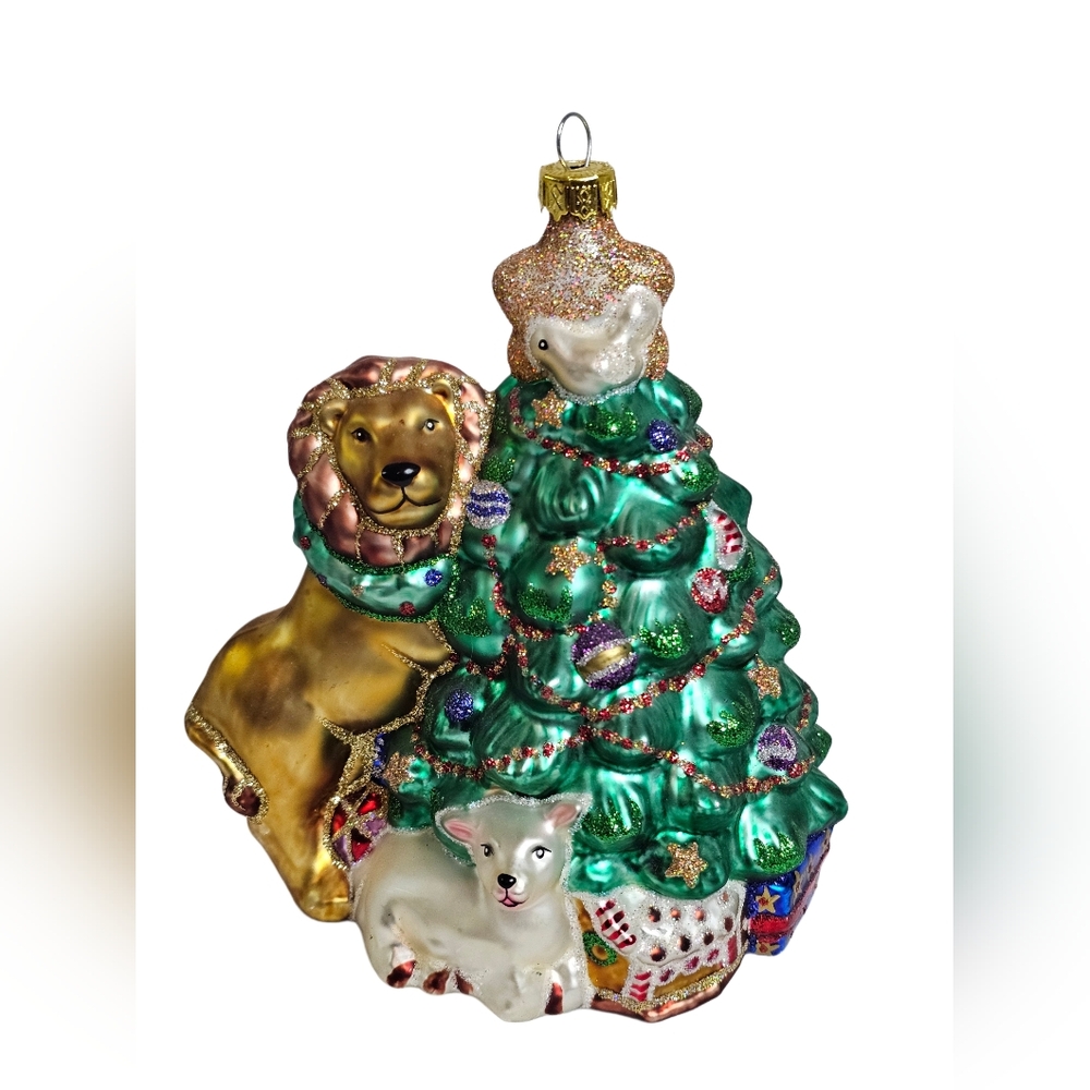 Vtg Christmas Blown Glass Ornament of Tree, Lion, Lamb & Dove 6" Peace On Earth